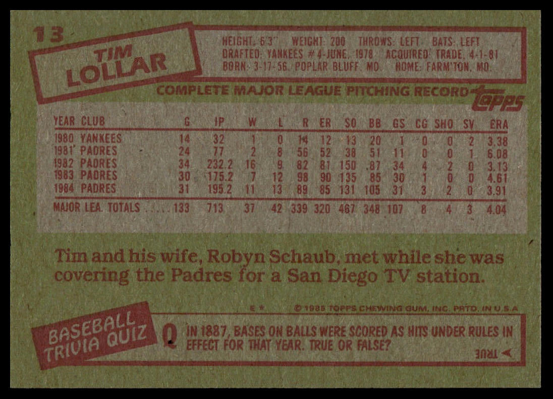 The back of a vintage 1985 Topps baseball trading card featuring Tim Lollar, printed on a textured tan background with red and white text and boxes.