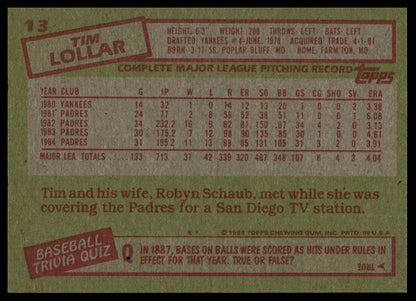 The back of a vintage 1985 Topps baseball trading card featuring Tim Lollar, printed on a textured tan background with red and white text and boxes.