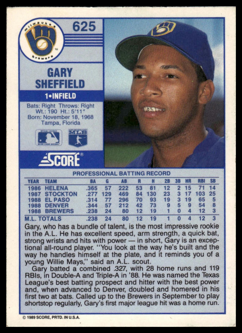1989 Score #625 Gary Sheffield