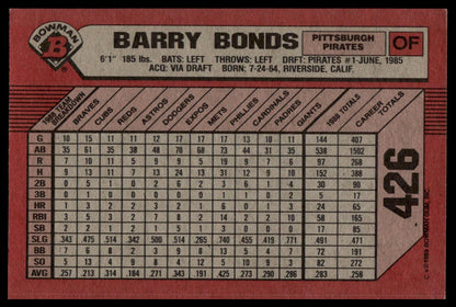A vintage baseball trading card back featuring Barry Bonds statistics, with a red border, black grid table, and white vertical panel containing player name, team list number 426.