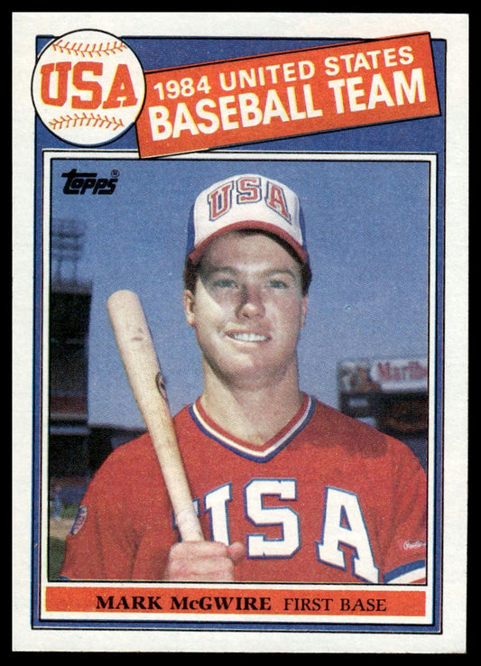 A vintage 1984 Topps baseball trading card featuring Mark McGwire of the United States baseball team. The card shows a portrait of McGwire in a red USA jersey and cap holding a bat, with 'USA 1984 UNITED STATES BASEBALL TEAM' text at the top.