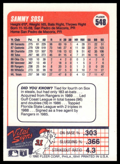 1990 Fleer #548 Sammy Sosa