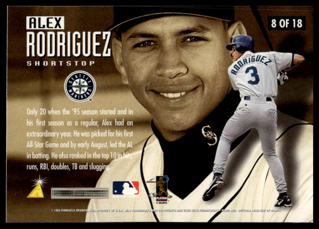 A baseball trading card featuring Alex Rodriguez, with a large sepia-toned portrait, a smaller action photo of him batting, team logos, player statistics, and MLB branding on a dark background.