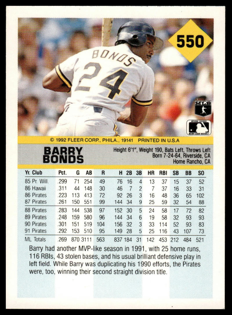 1992 Fleer #550 Barry Bonds