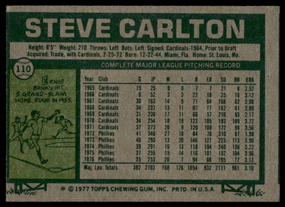 Back of a 1977 Topps Steve Carlton trading card, showing player statistics, a baseball illustration, and his name in large white text on a dark green background.