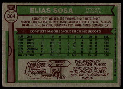 A vintage baseball trading card back for Elias Sosa, number 364, printed with green, red, and white panels and player statistics.