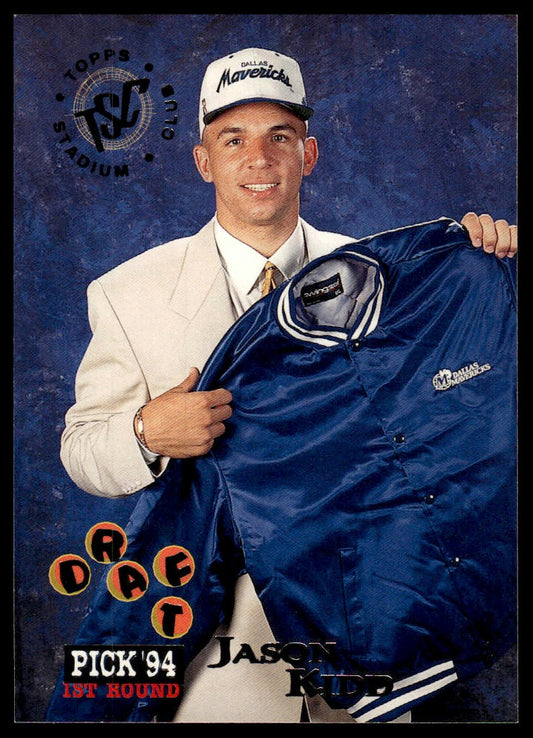 A vintage baseball trading card featuring Jason Kiddo after the 1994 draft, holding a blue Dallas Mavericks jacket. The card has a dark blue textured background with 'Topps Stadium' branding and 'Jason Kiddo Draft Pick '94' text.