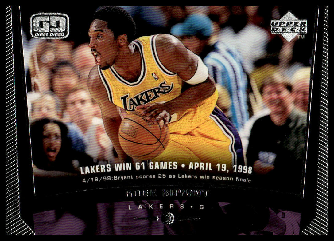 A vintage basketball trading card featuring Kobe Bryant in a yellow Los Angeles Lakers uniform, with team text and player details printed on the card.
