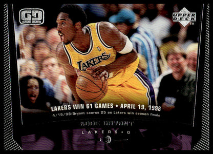 A vintage basketball trading card featuring Kobe Bryant in a yellow Los Angeles Lakers uniform, with team text and player details printed on the card.