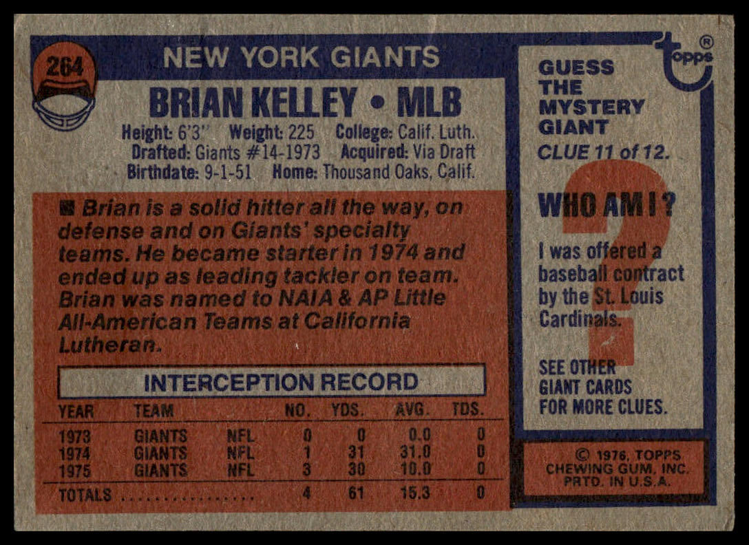 A vintage 1976 Topps baseball trading card back for player Brian Kelley, showing his profile, stats, and a 'Who Am I?' guessing section.