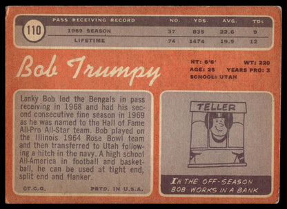 A vintage Bob Trumpy football trading card back, featuring orange, brown, and dark gray panels with text, statistics, and a small line drawing.