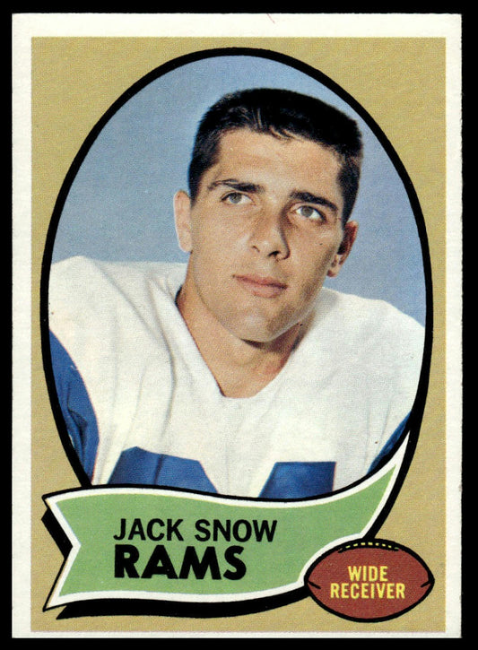 A vintage football trading card featuring a portrait of Jack Snow, a wide receiver. The card has a beige background, an oval photo frame with a blue studio backdrop, a green banner reading 'JACK SNOW RAMS', and a red badge labeled 'WIDE RECEIVER'.