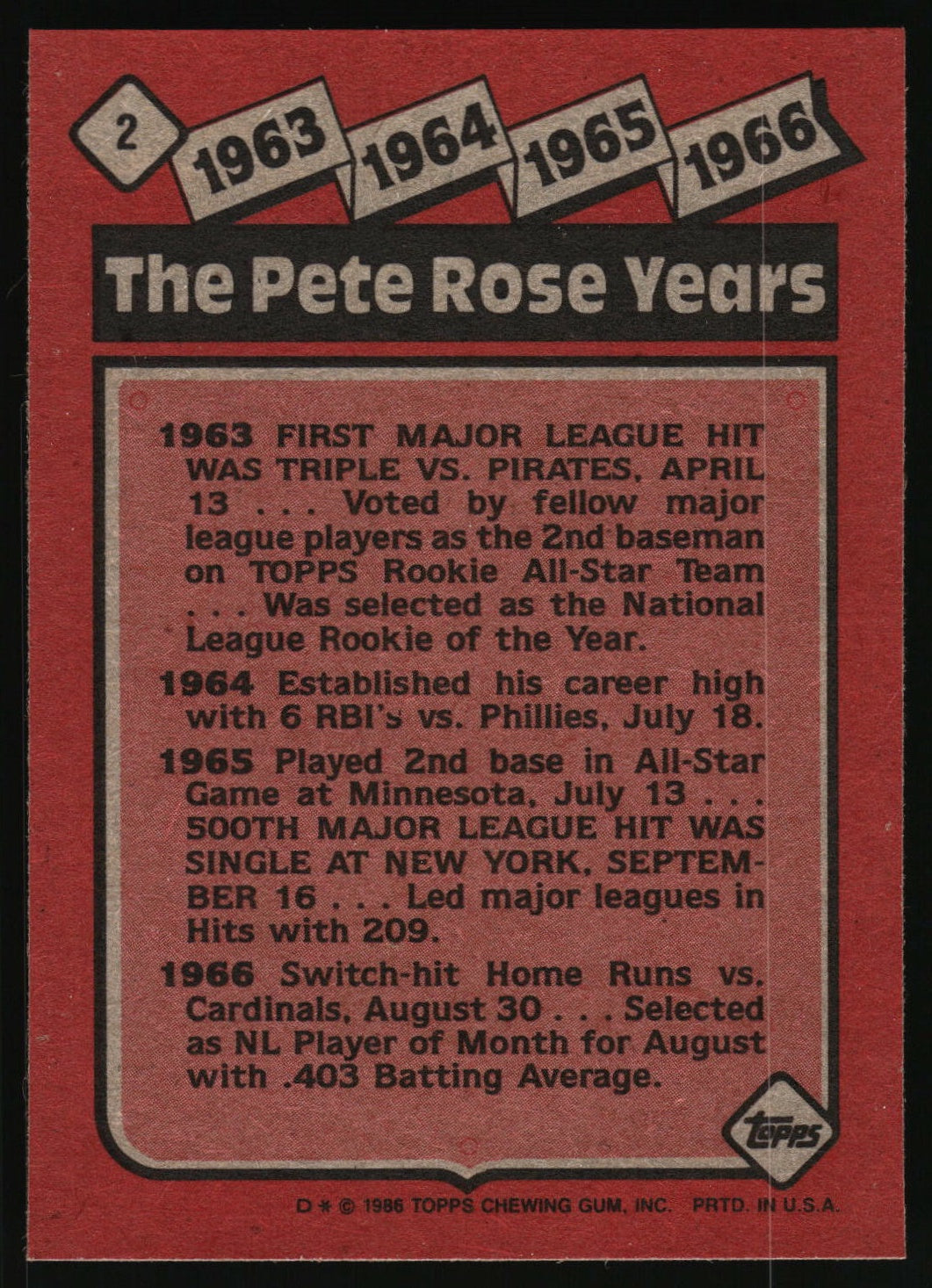 1986 Topps #2 The Pete Rose Years: 1963-1966