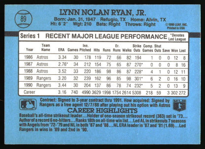 Back of a 1990 Leaf, Inc. baseball trading card featuring Lynn Nolan Ryan, Jr.