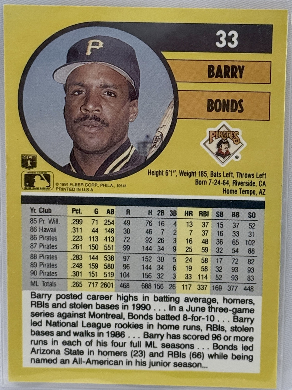 1991 Fleer #33b Barry Bonds