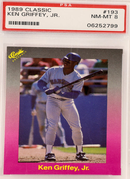 A PSA graded 1989 Classic Ken Griffey, Jr. baseball trading card, encapsulated in a clear plastic protective holder.