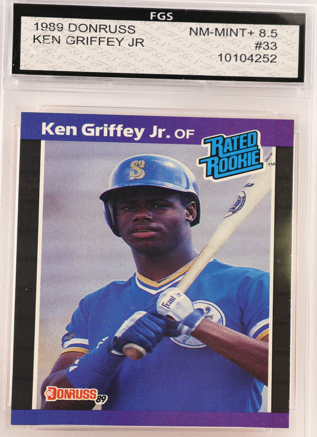 A 1989 Donruss Ken Griffey Jr. baseball trading card graded and encapsulated by FGS.