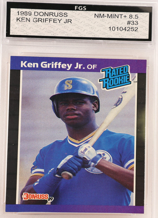 A 1989 Donruss Ken Griffey Jr. baseball trading card graded and encapsulated by FGS.
