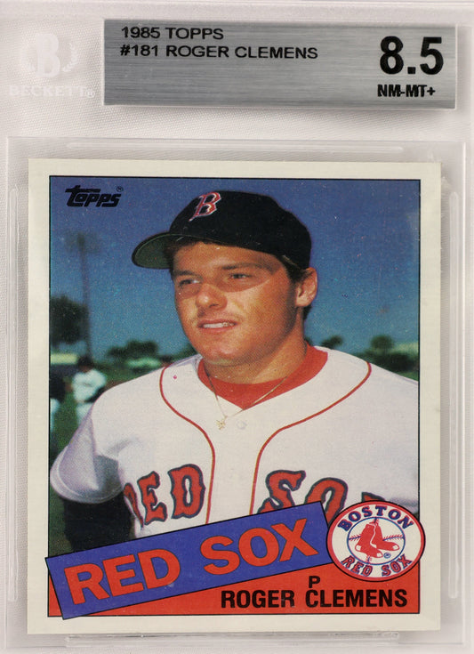 A 1985 Topps Roger Clemens baseball trading card graded 8.5 NM-MT+ by Beckett, encapsulated in a clear plastic protective slab.
