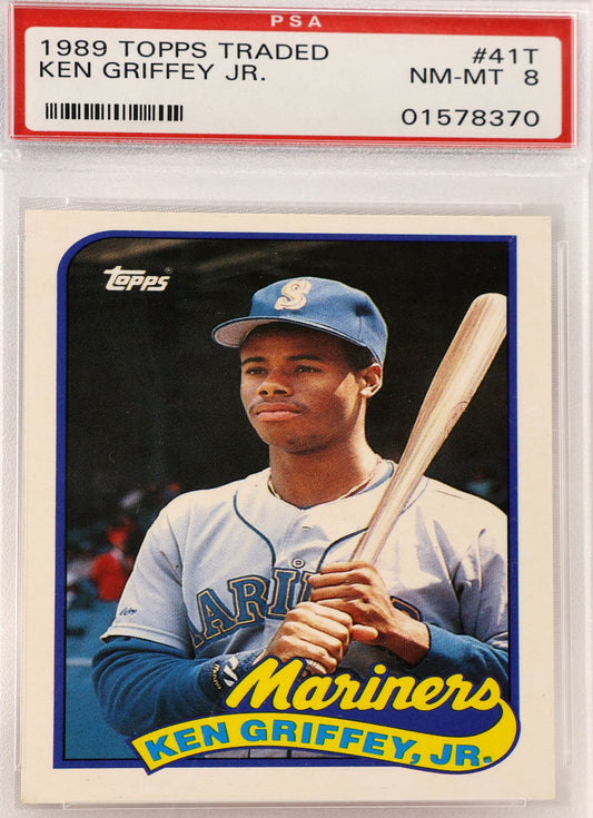 A PSA-graded 1989 Topps Ken Griffey Jr. baseball card, graded NM-MT 8, sealed inside a clear plastic protective holder.