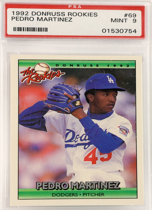 A PSA graded 1992 Donruss Pedro Martinez baseball card, sealed in a clear plastic grading holder. The card features Pedro Martinez in a white and blue Los Angeles Dodgers uniform, and the PSA label at the top is graded a Mint 9.