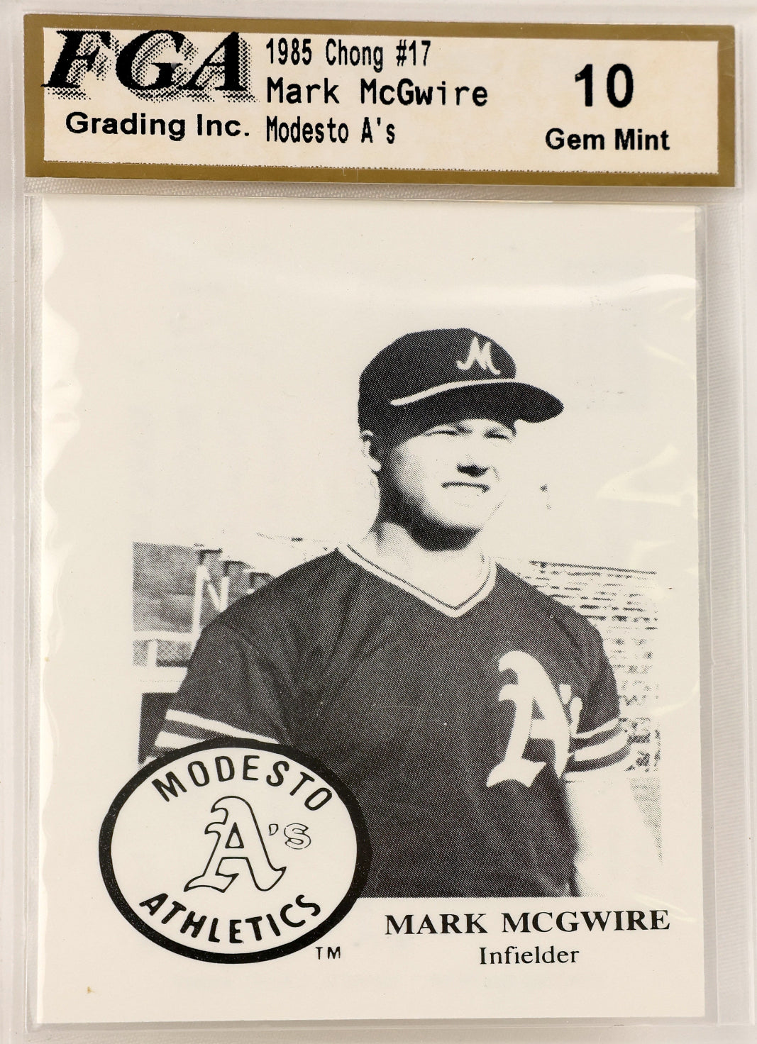 A graded vintage baseball card of Mark McGwire, graded 10 Gem Mint by FGA, encapsulated in a clear plastic protective case.
