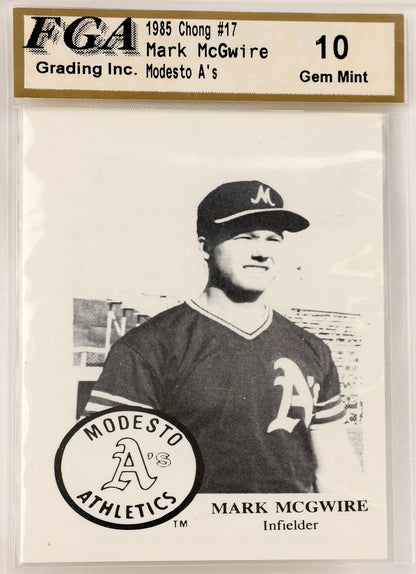 A graded vintage baseball card of Mark McGwire, graded 10 Gem Mint by FGA, encapsulated in a clear plastic protective case.