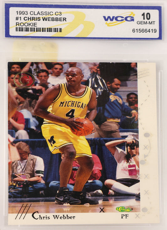 A 1993 Classic C3 Chris Webber basketball trading card graded and encapsulated by WCG, showing Webber in a yellow Michigan jersey on a court, with the WCG label visible at the top.