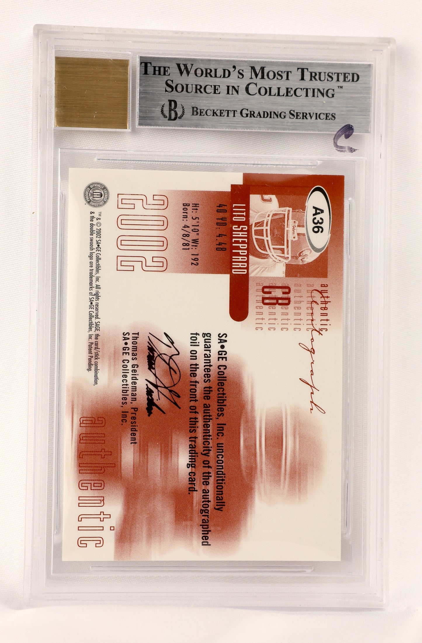 2002 SAGE #A36 Lito Sheppard Autographs Bronze #/600