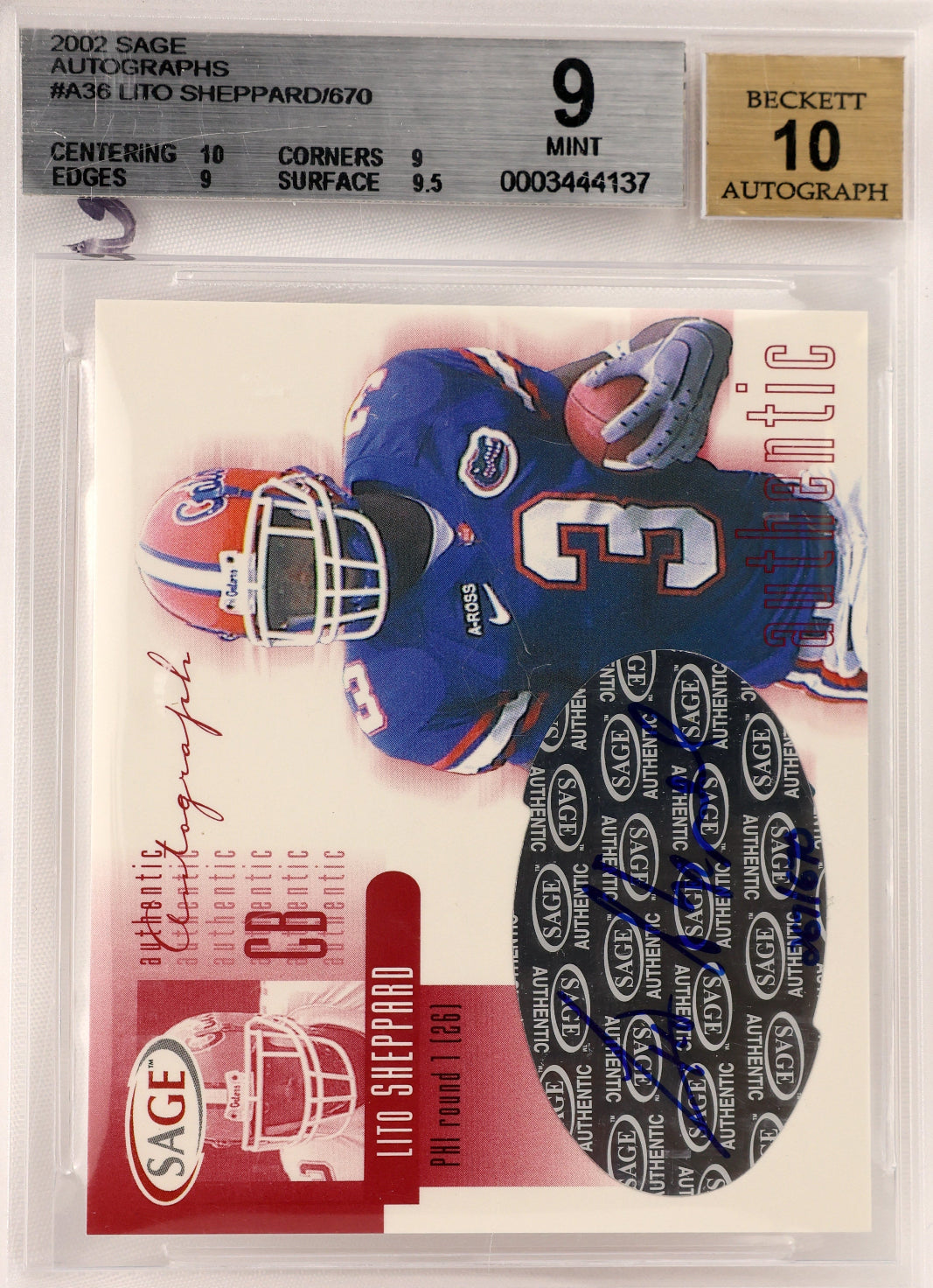 2002 SAGE #A36 Lito Sheppard Autographs Bronze #/600