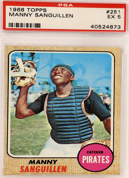 A PSA graded 1968 Topps baseball card of Manny Sanguillen, showing the card inside a clear plastic grading case. The card features a vintage photo of Sanguillen as a catcher, with a red PSA label at the top and a gold border.