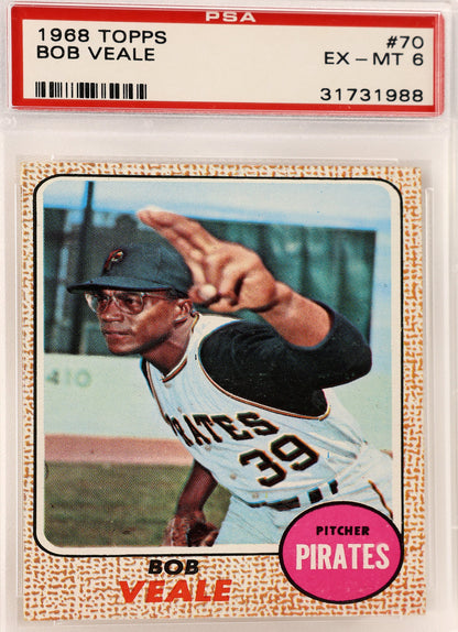 A PSA graded 1968 Topps Bob Veale baseball trading card, sealed in a clear plastic grading holder. The card features Bob Veale in a Pittsburgh Pirates uniform pointing, with a red PSA label at the top and a pink 'Pirates' sticker on the bottom right.