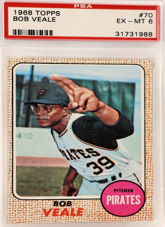 A PSA graded 1968 Topps Bob Veale baseball trading card, sealed in a clear plastic grading holder. The card features Bob Veale in a Pittsburgh Pirates uniform pointing, with a red PSA label at the top and a pink 'Pirates' sticker on the bottom right.