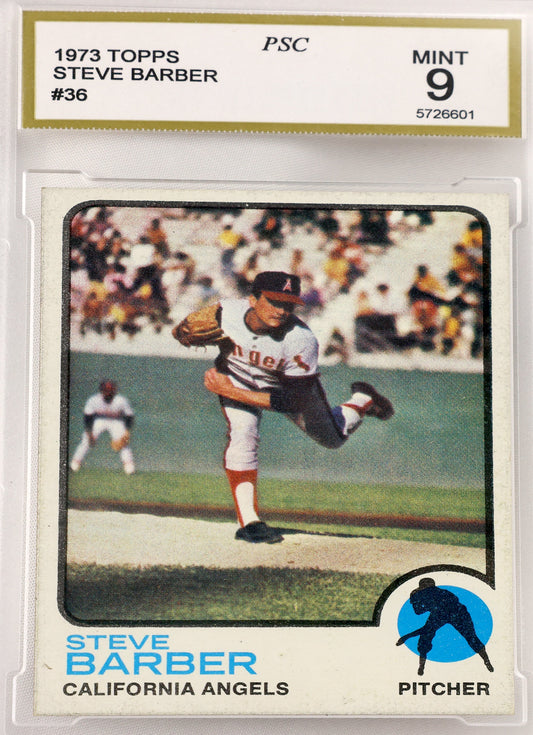 A 1973 Topps Steve Barber baseball trading card graded and encapsulated by PSA as a Mint 9. The card features a photo of Steve Barber pitching for the California Angels, with his name and team logo printed on the bottom, and a gold graded label at the top.