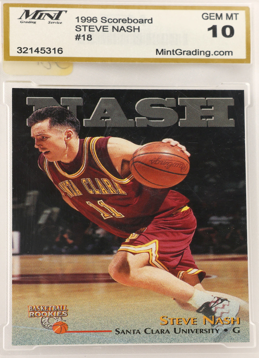 A graded 1996 Steve Nash basketball trading card by Mint, showing player number 18. The card is encapsulated in a clear plastic grading holder with a gold header card displaying the grade 10.