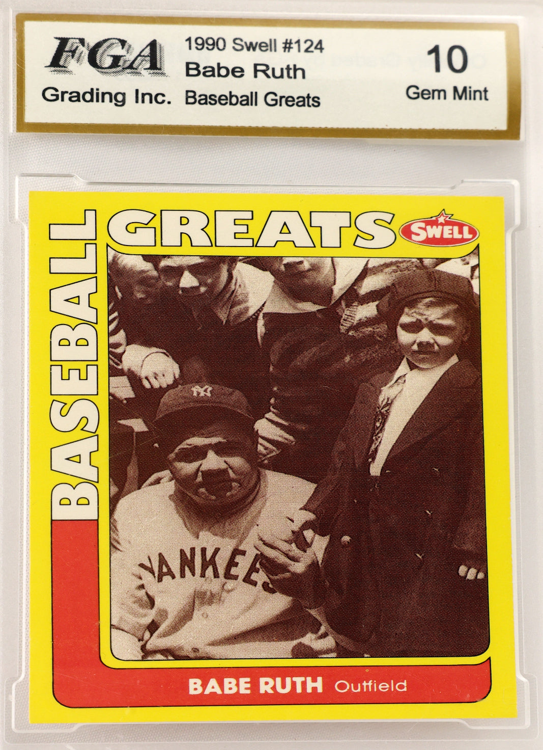 A graded 1990 Swell #124 Babe Ruth baseball trading card in a clear plastic holder with an FGA Gem Mint label at the top. The card features a yellow border, black-and-white photo of Babe Ruth, and red accents.