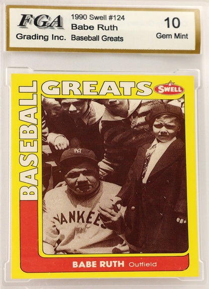 A graded 1990 Swell #124 Babe Ruth baseball trading card in a clear plastic holder with an FGA Gem Mint label at the top. The card features a yellow border, black-and-white photo of Babe Ruth, and red accents.