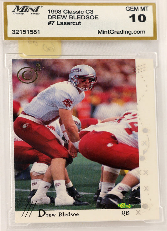 A graded 1993 Classic C3 football card featuring Drew Bledsoe, encapsulated in a clear plastic holder with a Mint/PMT label at the top. The card shows Bledsoe in a white and red uniform on the field, and the encapsulation is rated 10.
