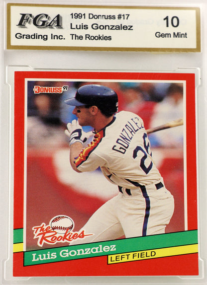 A 1991 Donruss Luis Gonzalez baseball trading card graded and encapsulated by FGA as a 10 Gem Mint. The card shows Gonzalez in a batting stance, wearing a white uniform with navy blue lettering and numbers, set against a red and green border with a gold FGA label at the top.