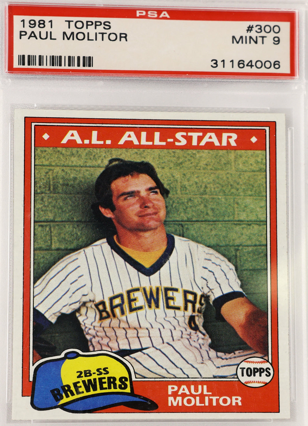A PSA graded 1981 Topps Paul Molitor baseball card, showing the card inside its clear protective plastic holder. The card is a Milwaukee Brewers.