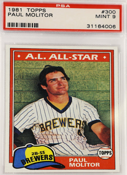 A PSA graded 1981 Topps Paul Molitor baseball card, showing the card inside its clear protective plastic holder. The card is a Milwaukee Brewers.