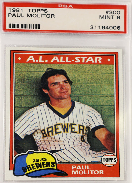 A PSA graded 1981 Topps Paul Molitor baseball card, showing the card inside its clear protective plastic holder. The card is a Milwaukee Brewers.