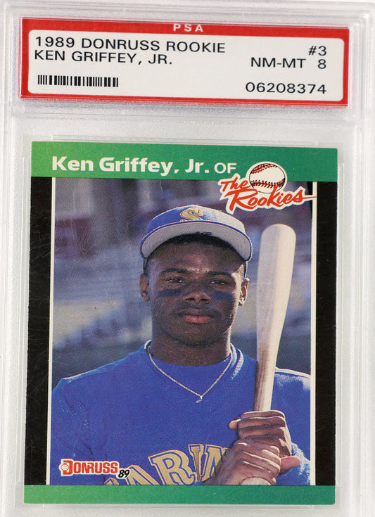A PSA-graded 1989 Donruss Rookie baseball card of Ken Griffey, Jr., encapsulated in a clear plastic holder.