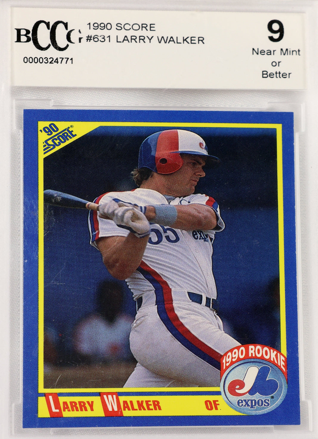 A graded 1990 Larry Walker baseball trading card in a clear plastic slab. The card is a Boston Red Sox rookie card, graded a 9 by BCC (Beckett Certified Collectibles) on a white background.