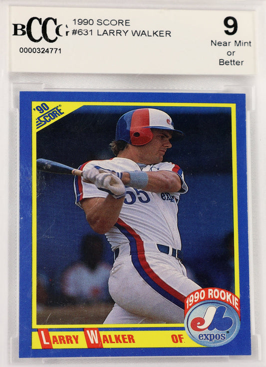 A graded 1990 Larry Walker baseball trading card in a clear plastic slab. The card is a Boston Red Sox rookie card, graded a 9 by BCC (Beckett Certified Collectibles) on a white background.