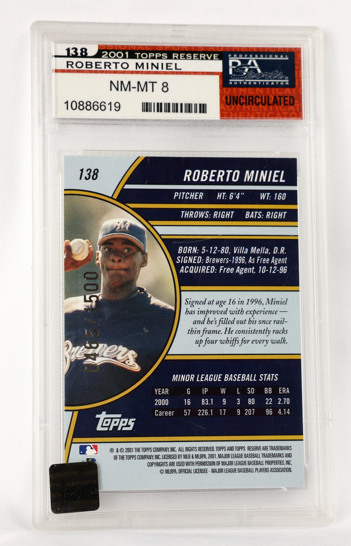 2001 Topps Reserve #138 Roberto Miniel Rookie Autographs PSA #/1500