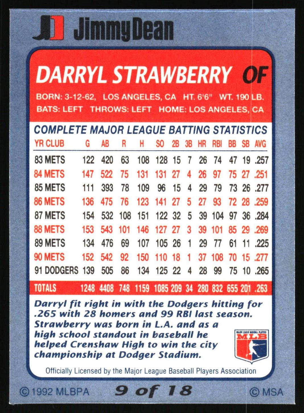 1992 Jimmy Dean #9 Darryl Strawberry