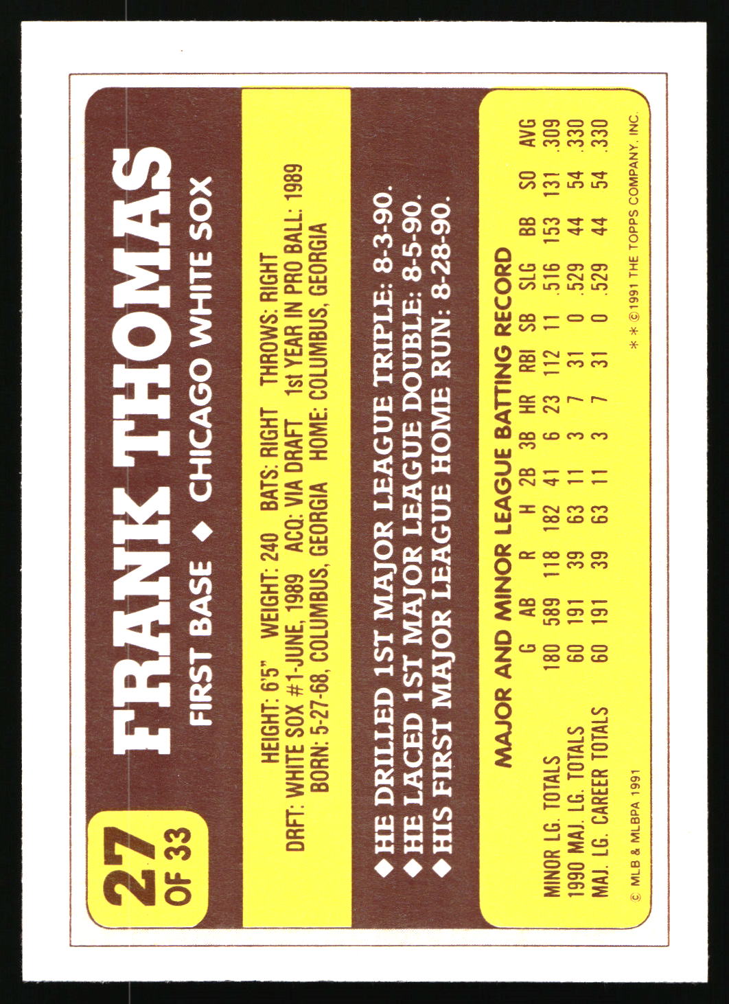 1991 Topps Toys "R" Us Rookies #27 Frank Thomas