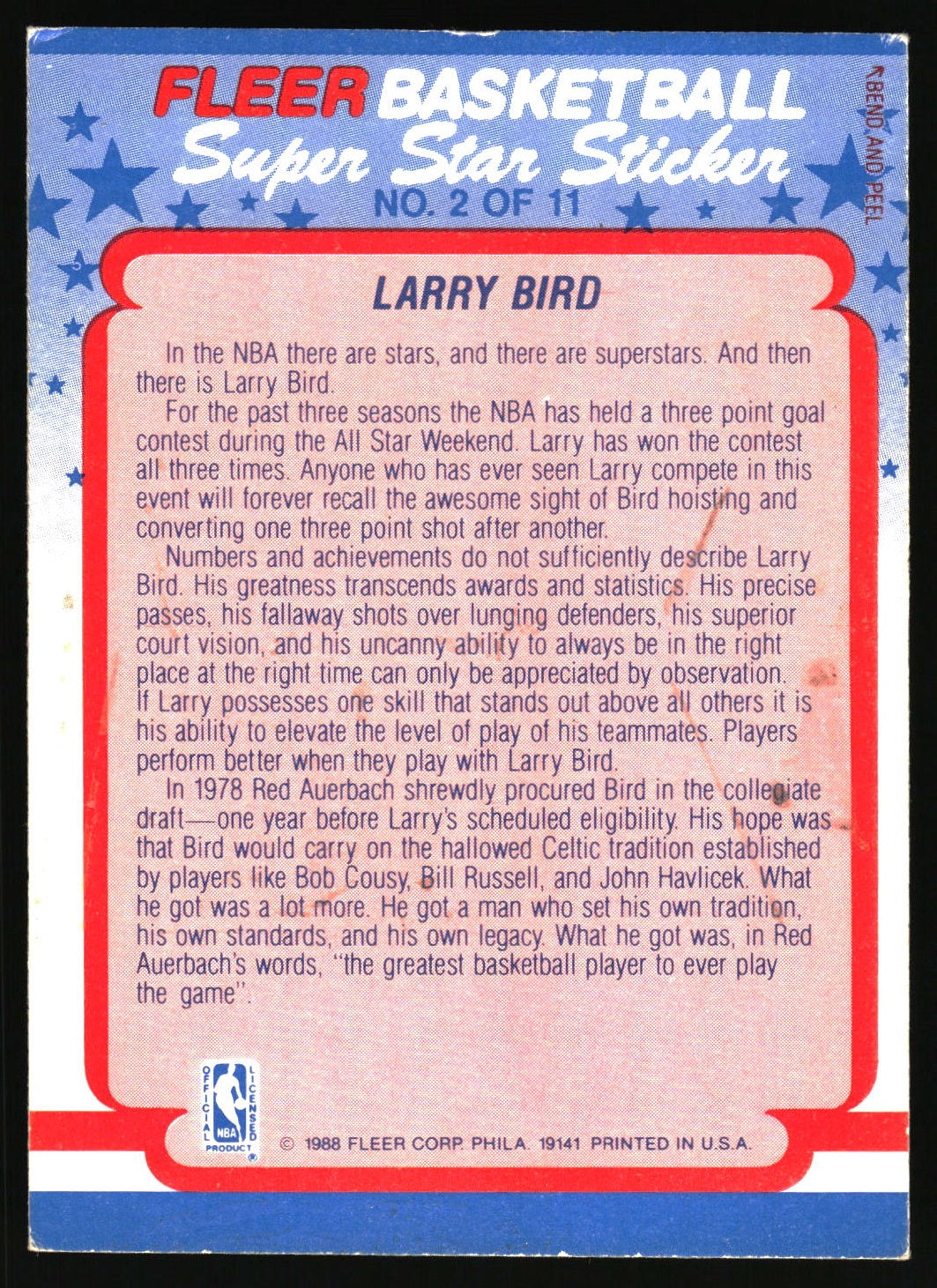 1988-89 Fleer #2 Larry Bird Stickers