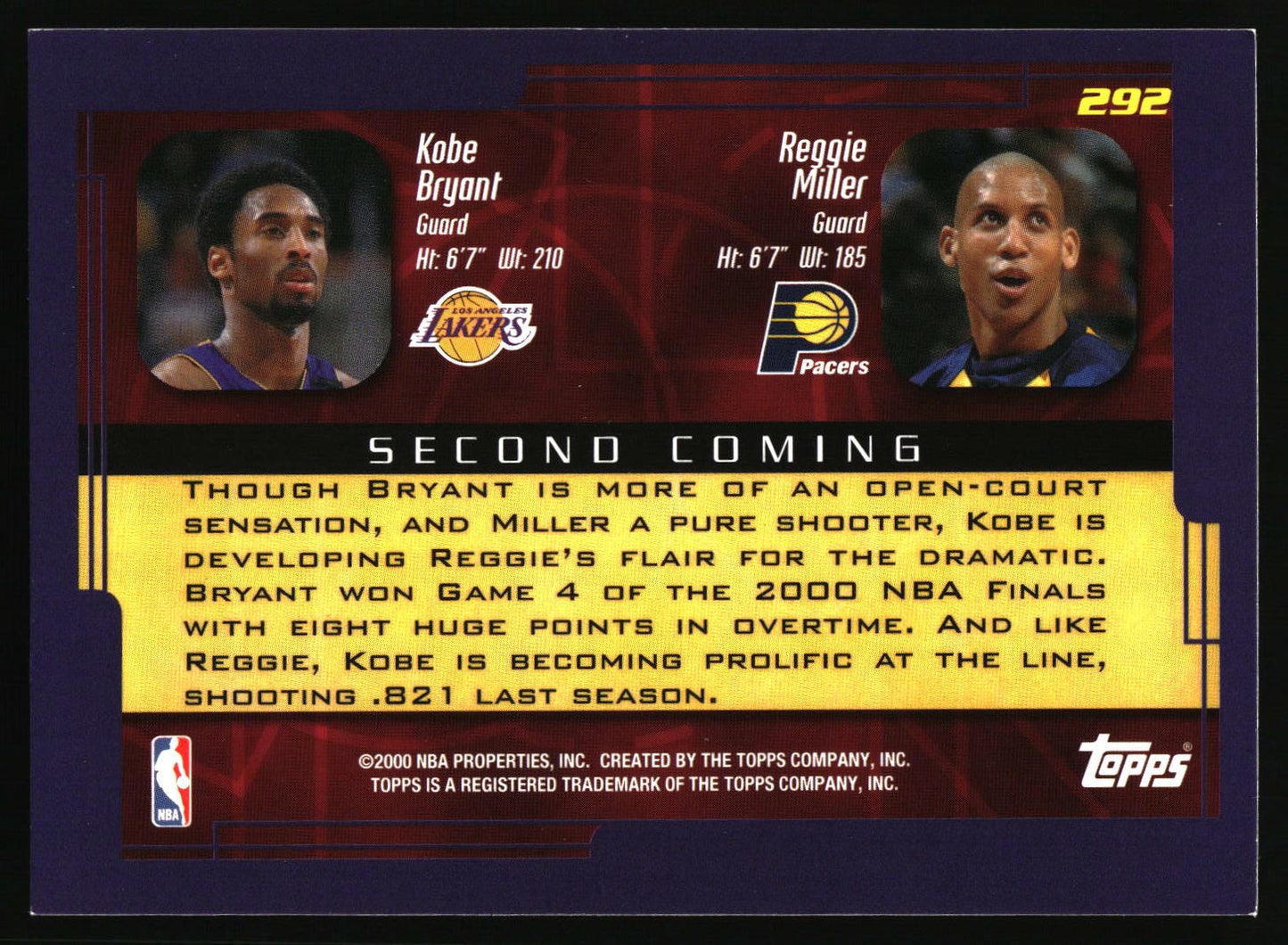 2000-01 Topps #292 Kobe Bryant / Reggie Miller